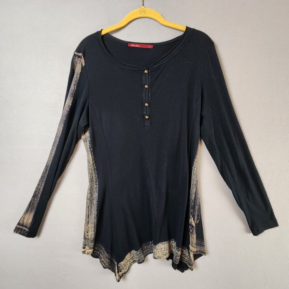 Barbara Lesser Fibers Tunic Top Women Medium Cotton Blend Black Brown